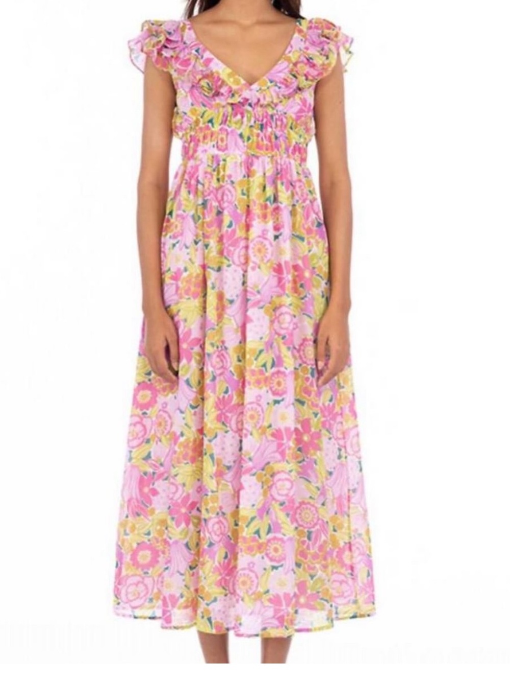 Banjanan Pink Floral Maxi Dress with Yellow Accents